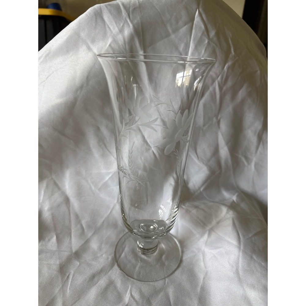Elegant Etched Floral Glass Trumpet Vase Bud Vase Table Centerpiece 10 Inch